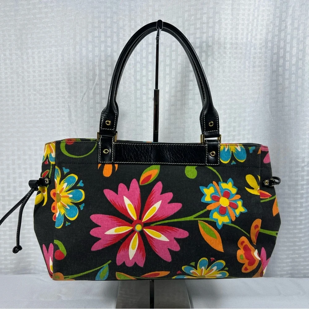 kate spade Black Floral Canvas Satchel with Pink, Yellow & Blue Flowers